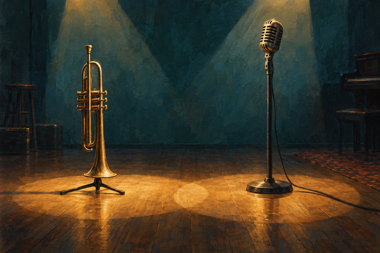 Editorial illustration of a trumpet and vintage microphone standing in overlapping pools of light in an empty rehearsal room.