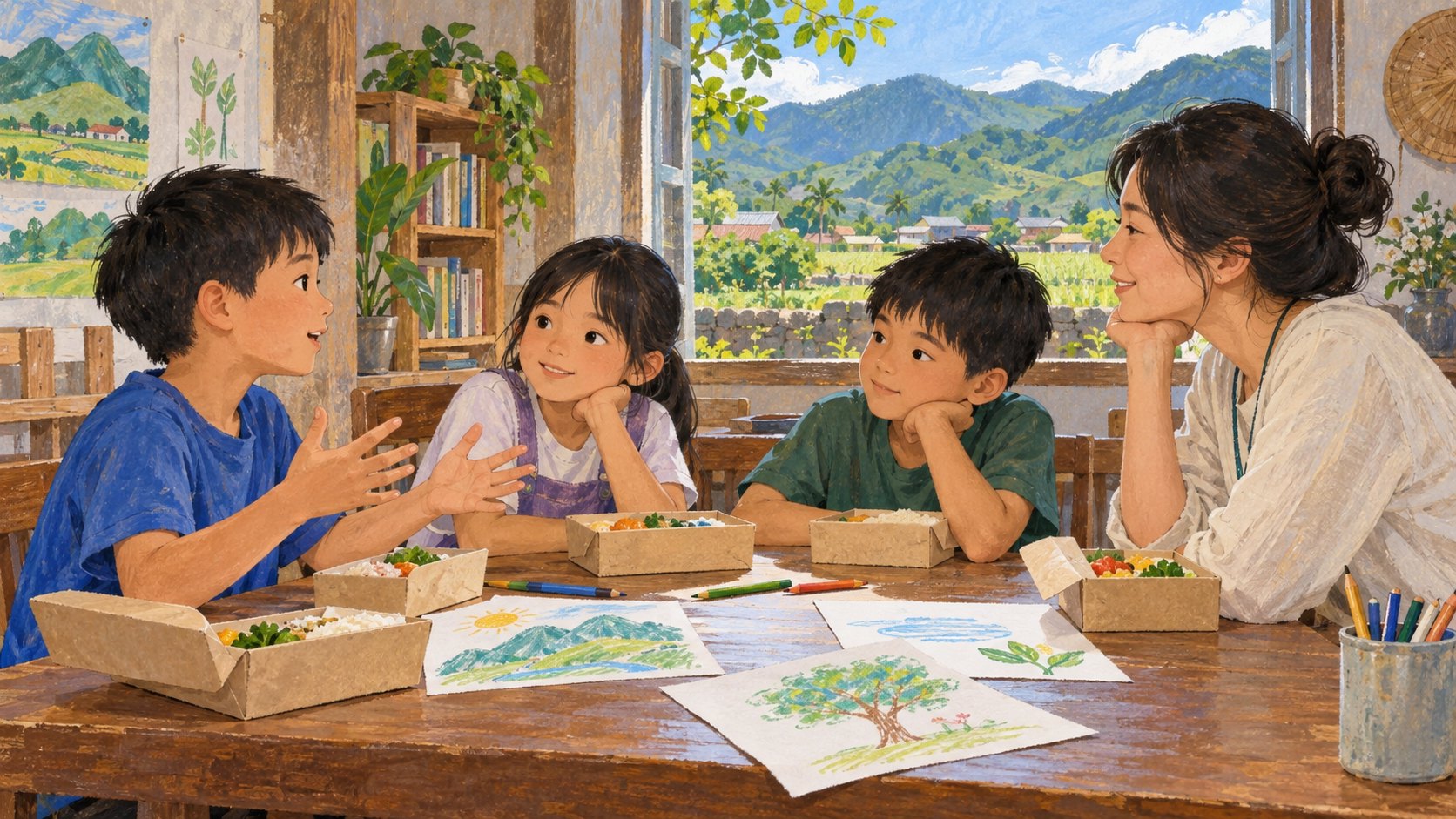 孩子與陪伴者在明亮空間裡圍桌交流,桌上放著餐盒與圖畫,為映後分享的情境插畫,非活動紀錄。