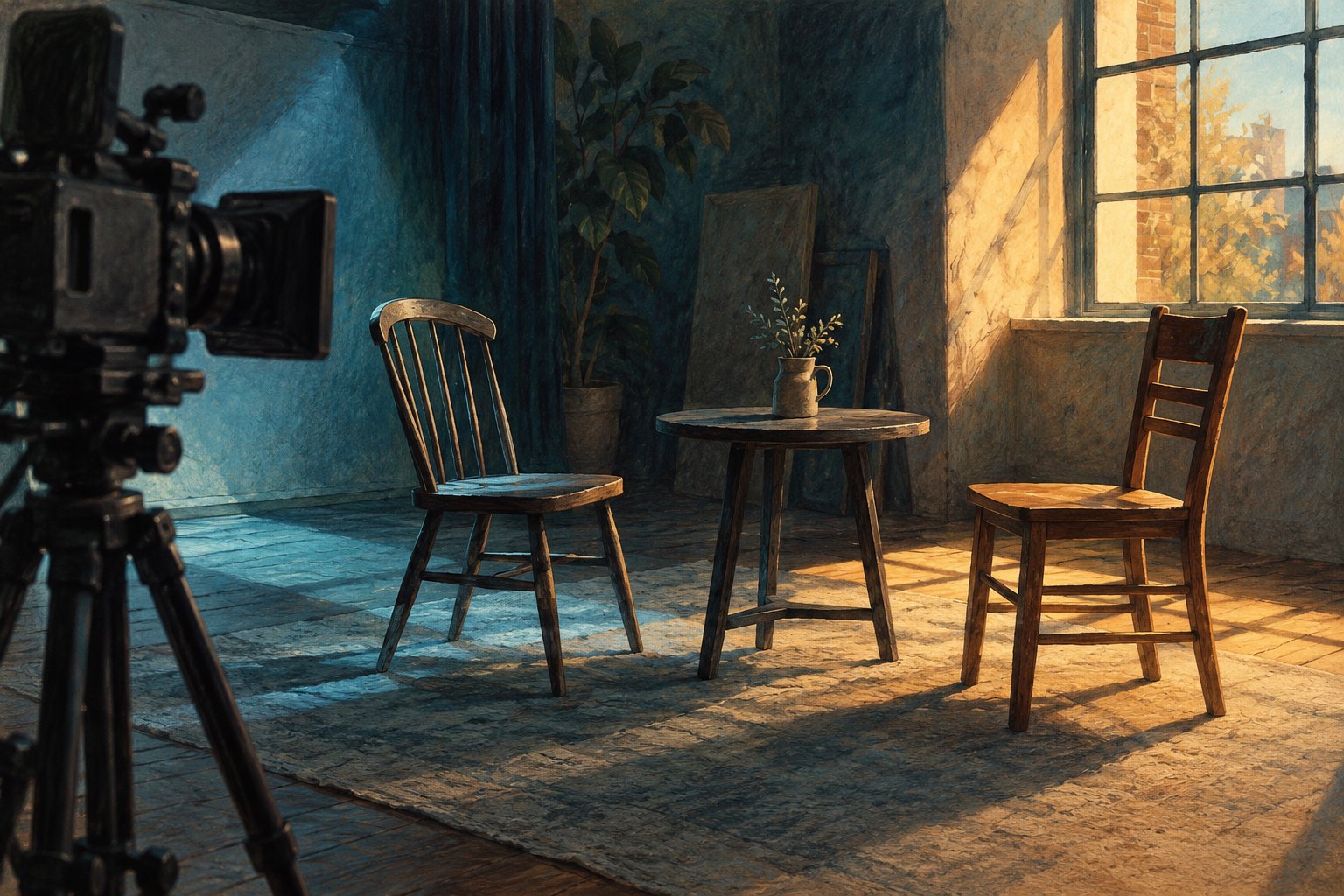 Conceptual illustration of a camera facing two empty chairs and a round table in a room divided by warm sunlight and cool shadows.