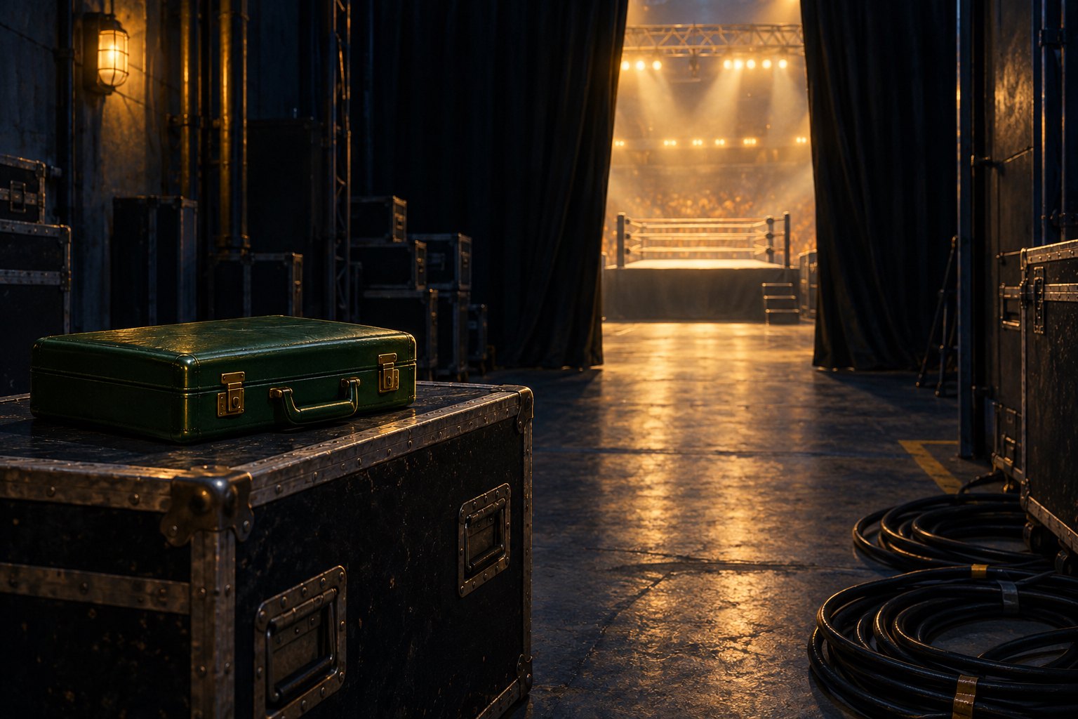 Symbolic illustration of a green briefcase on an equipment trunk beside backstage curtains opening toward a brightly lit wrestling ring.