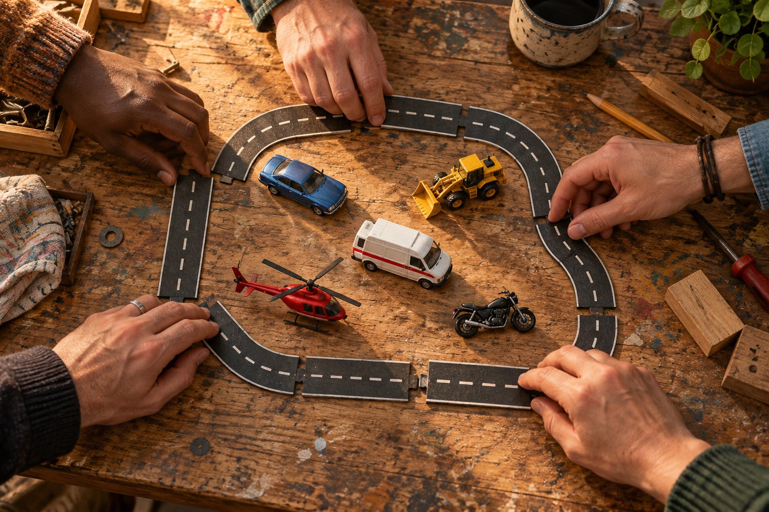 Conceptual illustration of five adults arranging miniature vehicles together on a wooden worktable.