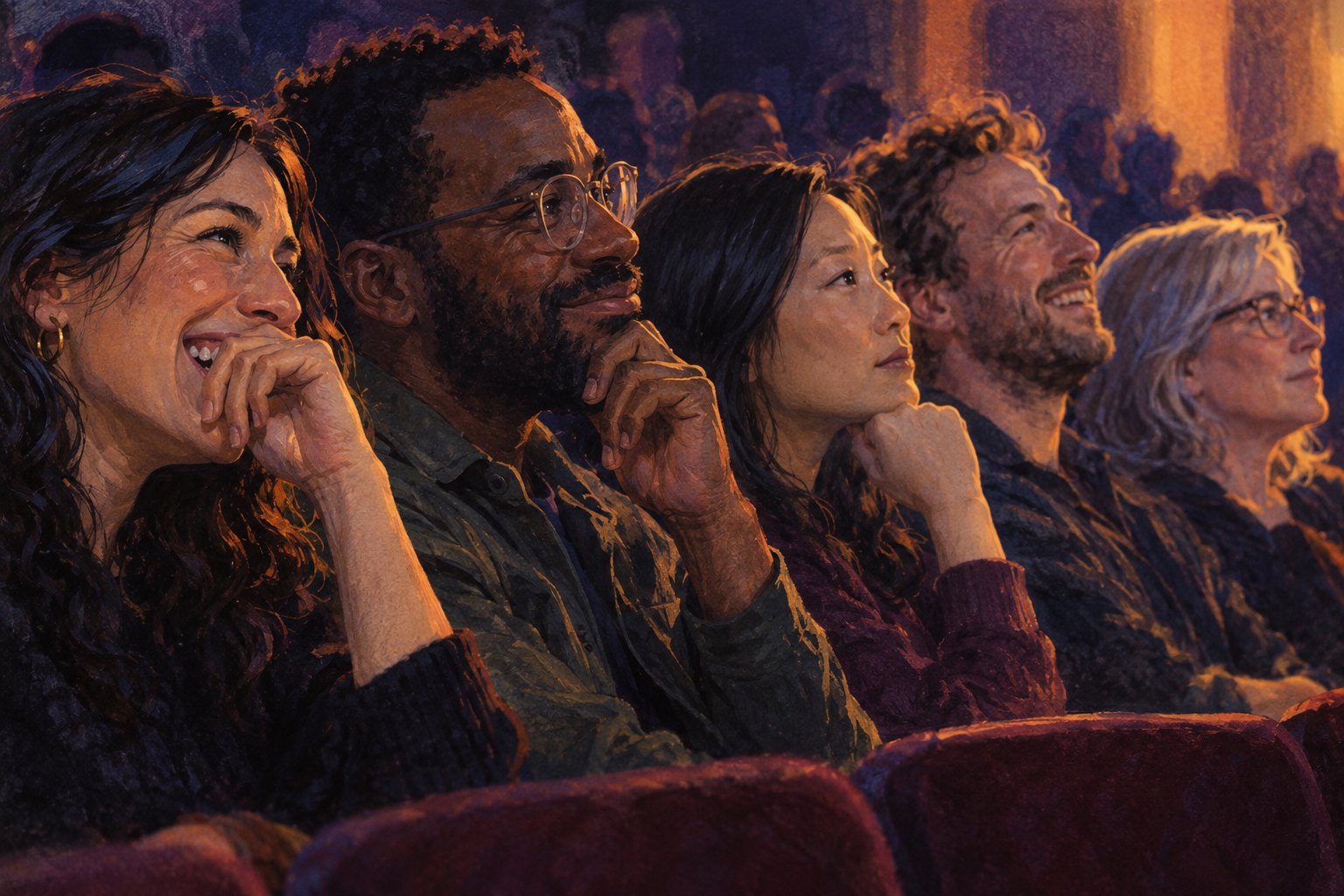 Conceptual illustration of five theater spectators watching a performance with amused, thoughtful, and neutral expressions.