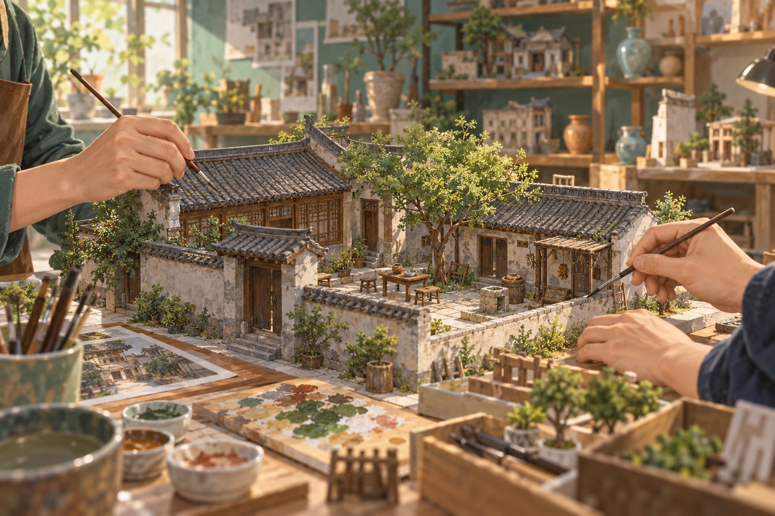 电影美术体验概念插画:参与者用画笔为中式院落布景模型涂色