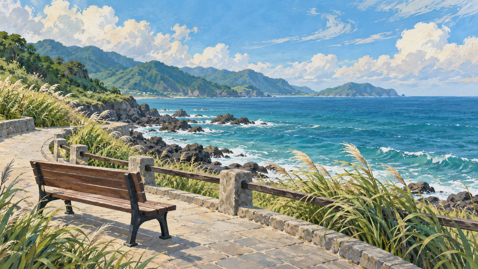 海風吹拂濱海步道旁的草叢，長椅面向藍綠色海面的情境插畫，非實際到訪地點