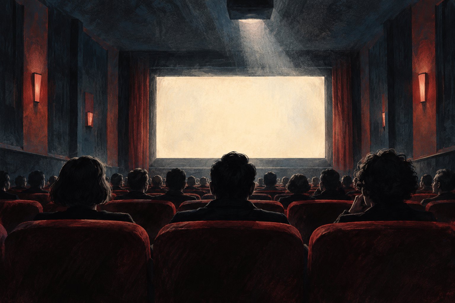 Conceptual illustration of an audience facing a glowing blank screen in a dark cinema.