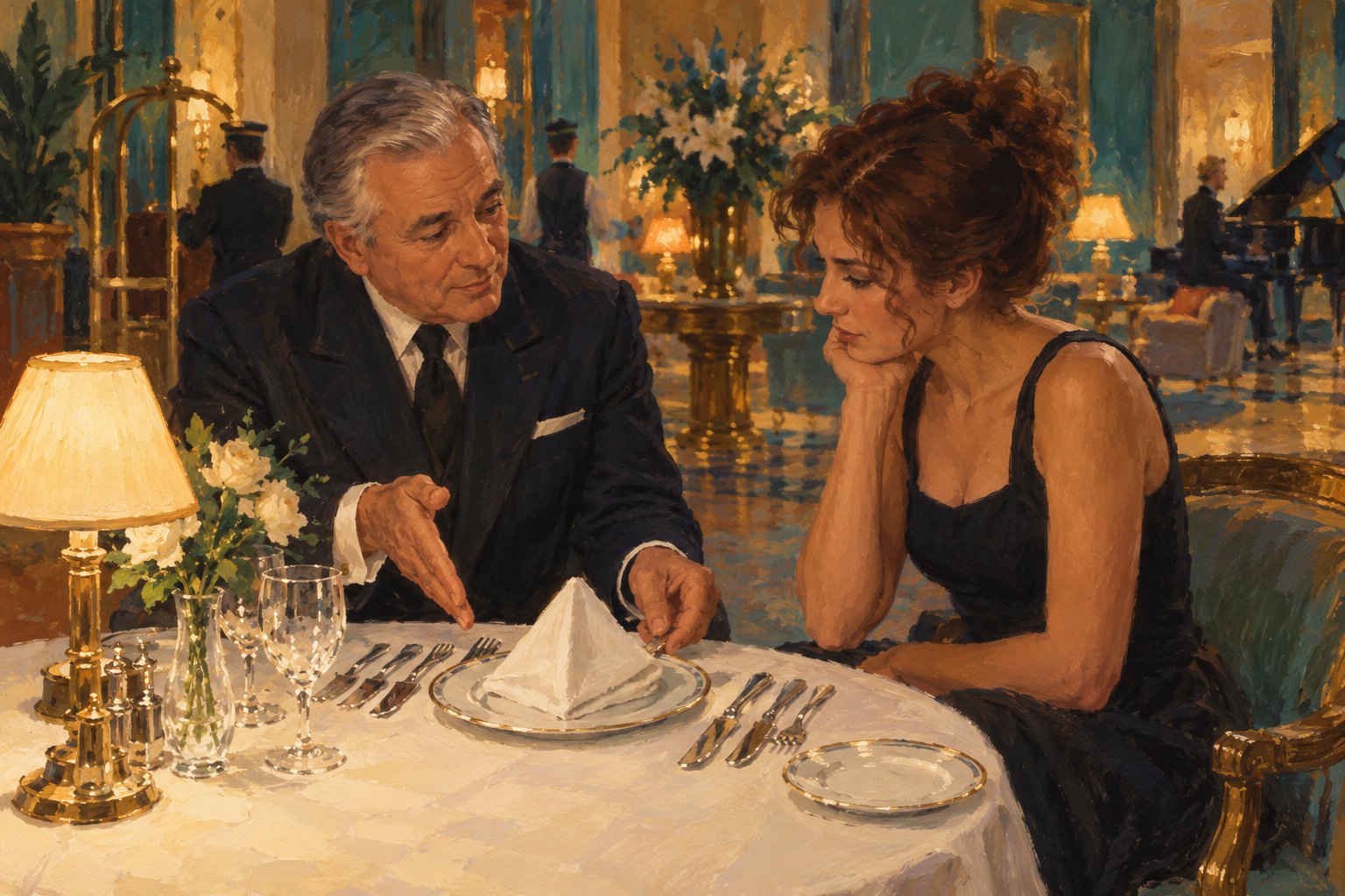 Conceptual illustration of a hotel manager explaining a formal table setting to a woman in an elegant dining room.