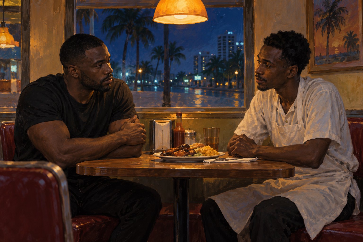 Painterly illustration of two Black men sharing a quiet conversation over a meal in a warmly lit diner.