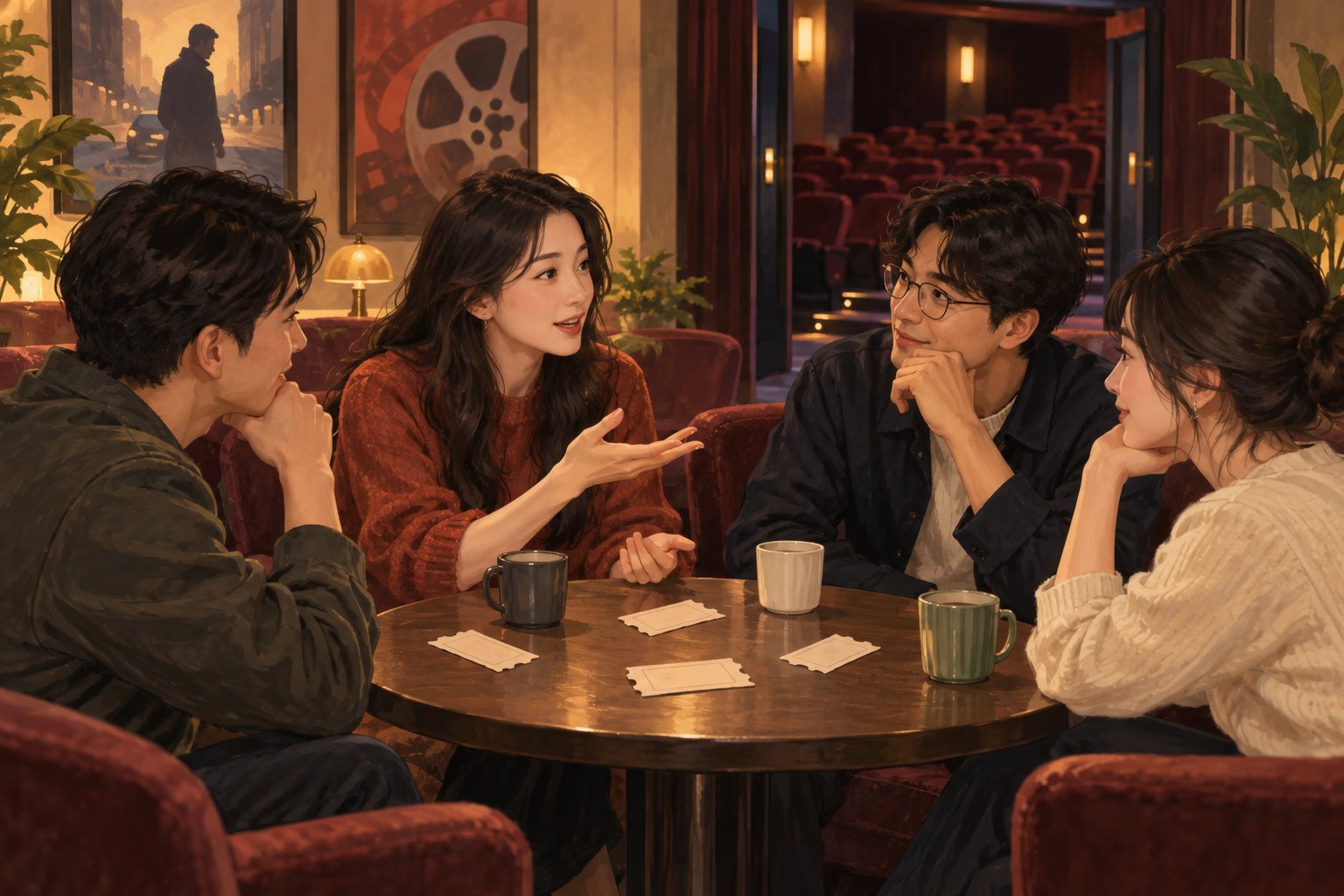 四位朋友围坐影院休息区的圆桌交流观影感受,身后可见放映厅座椅的概念插画
