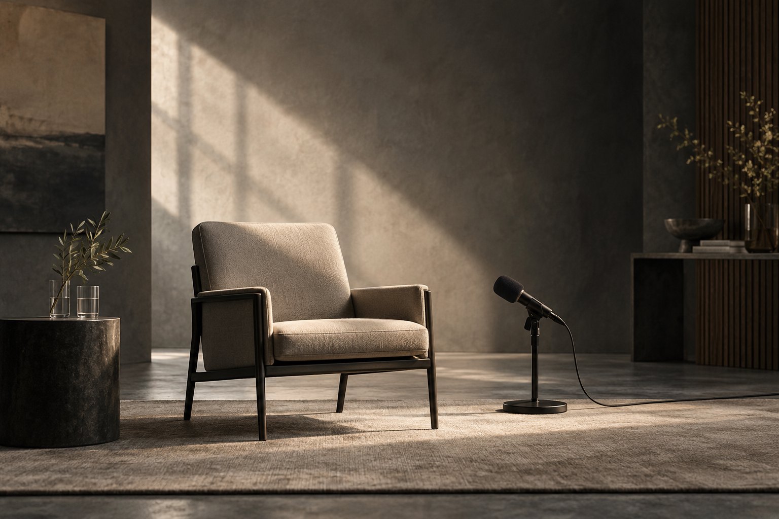 Conceptual illustration of an empty interview chair and microphone in a softly lit room.