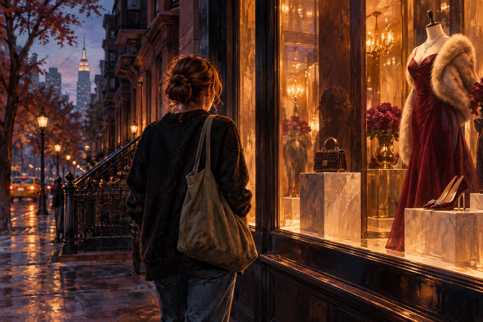 Conceptual illustration of a casually dressed woman looking into a glowing boutique window on a New York street.