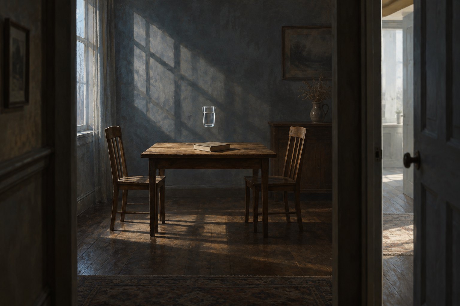 Conceptual illustration of a glass floating above a wooden table between two empty chairs in a shadowy dining room.