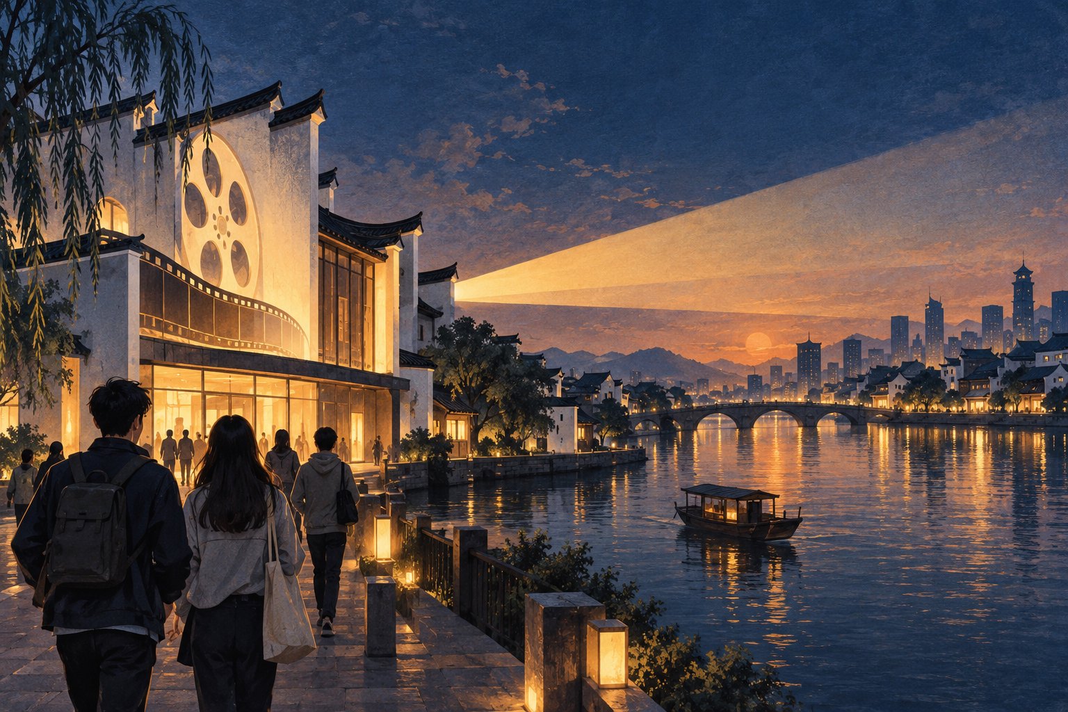 青年观众走向江南滨水影院，放映光束映向城市天际线的概念插画