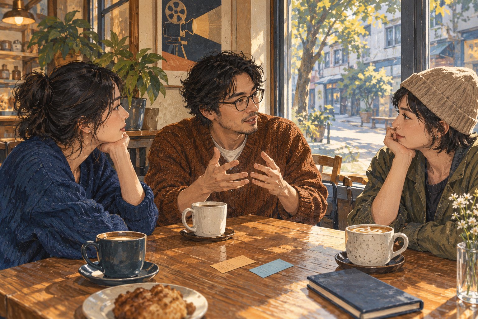 三位朋友坐在日光照进的咖啡馆窗边交流观影感受的原创插画