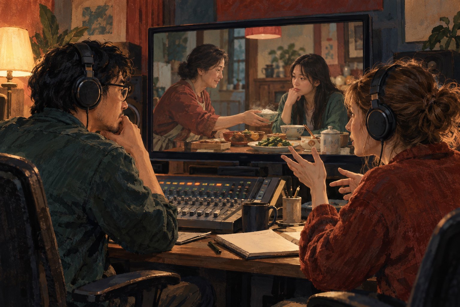 两位译制工作人员戴着耳机,讨论屏幕中母亲向女儿递饭的原创家庭场景插画