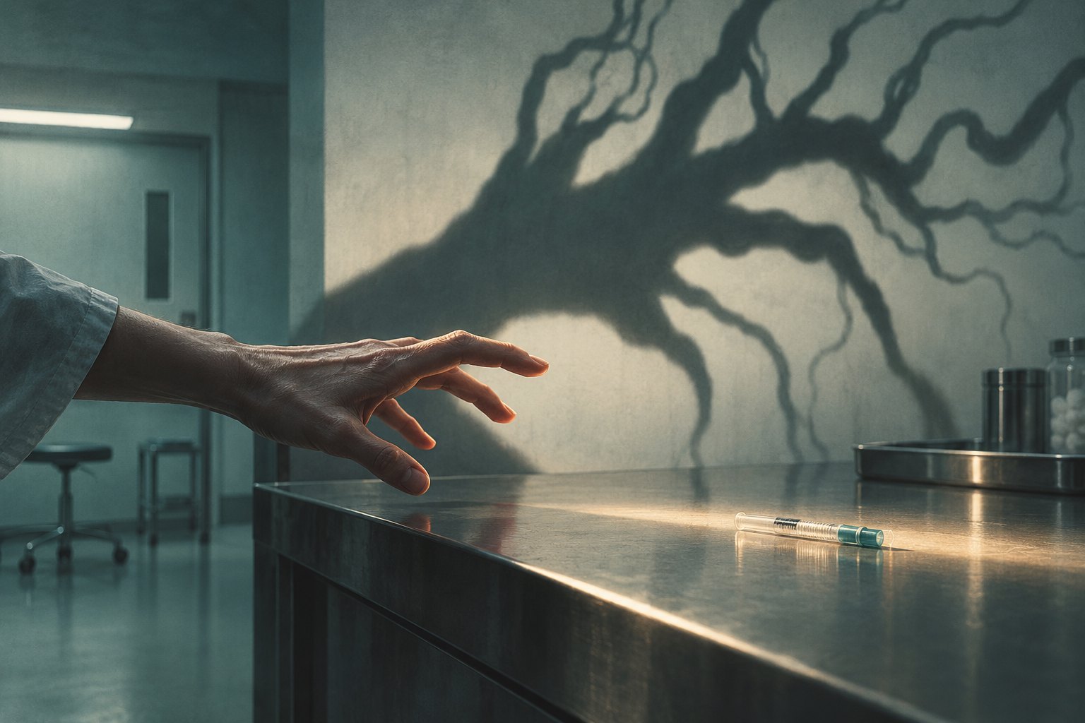 Concept illustration of a hand reaching toward a syringe while a branching, monstrous shadow spreads across a laboratory wall.