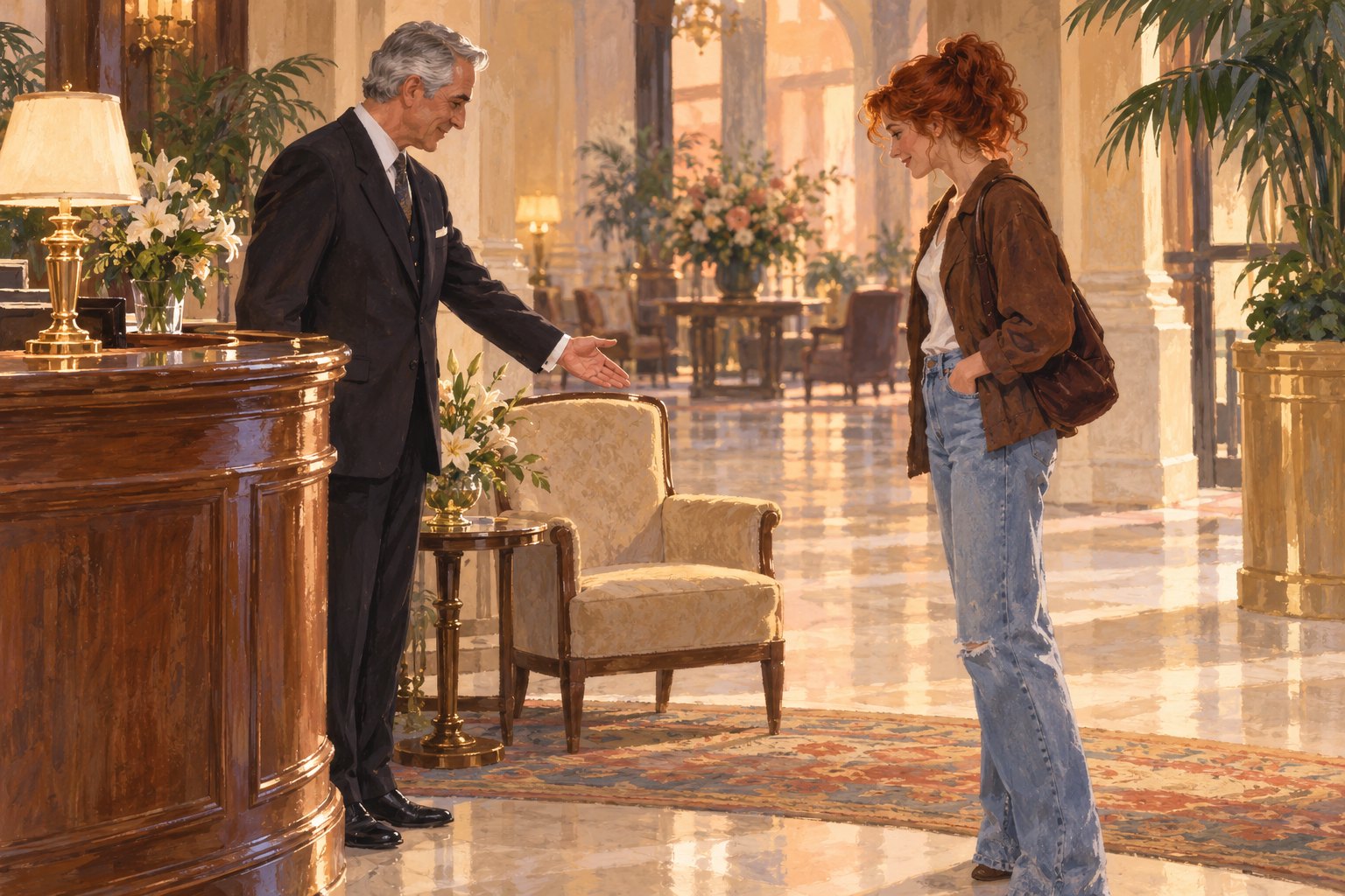 Interpretive illustration of a hotel concierge welcoming a casually dressed woman toward a chair in an elegant lobby.