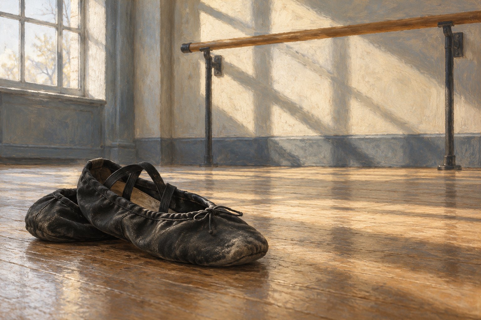 Painterly illustration of worn black ballet slippers on a sunlit studio floor beneath a wooden barre.