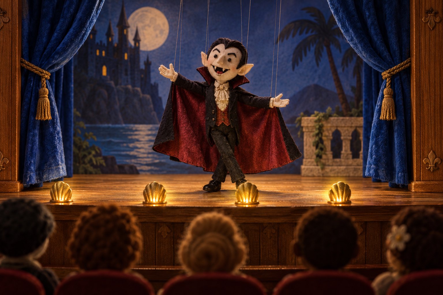 An illustrated vampire puppet performs on a miniature wooden stage framed by blue curtains and warm footlights.