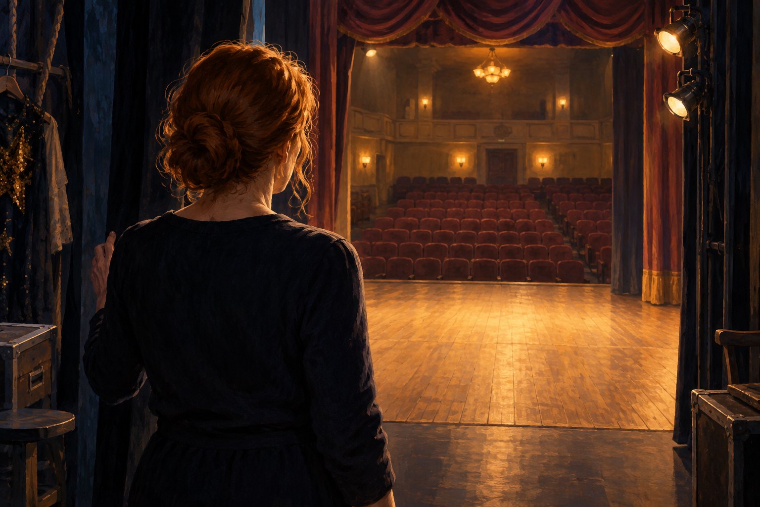 Conceptual illustration of an auburn-haired woman standing in the dark wings of a warmly lit community theater.