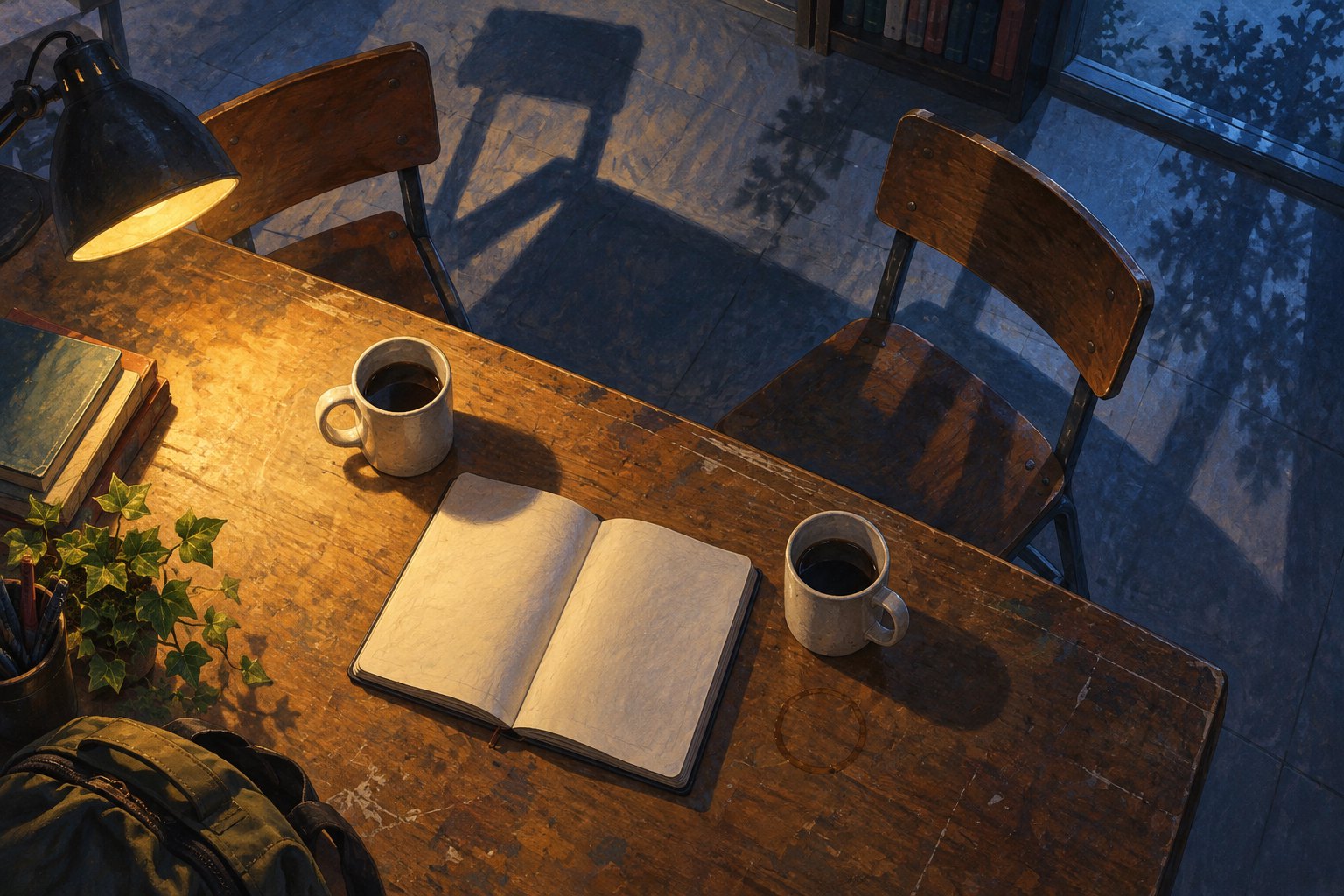 Illustration of two coffee mugs and an open blank notebook on a study table beside empty chairs.