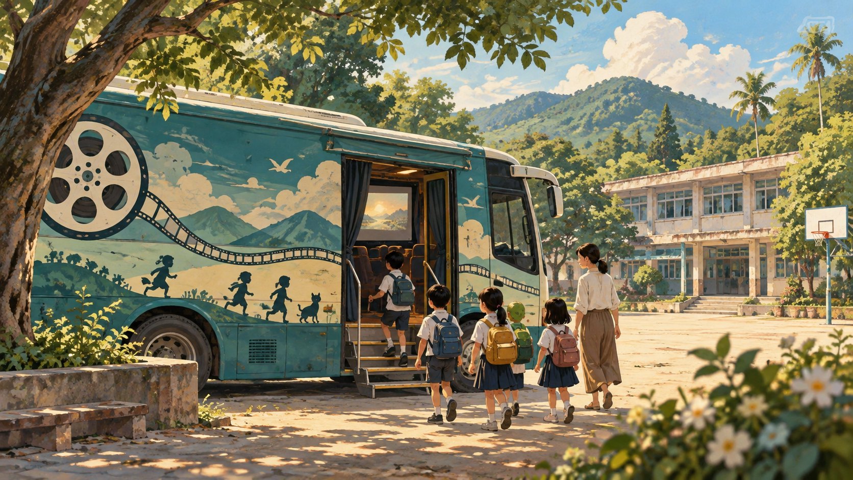 校園電影車與師生走向放映入口的原創插畫,為概念示意而非活動實景