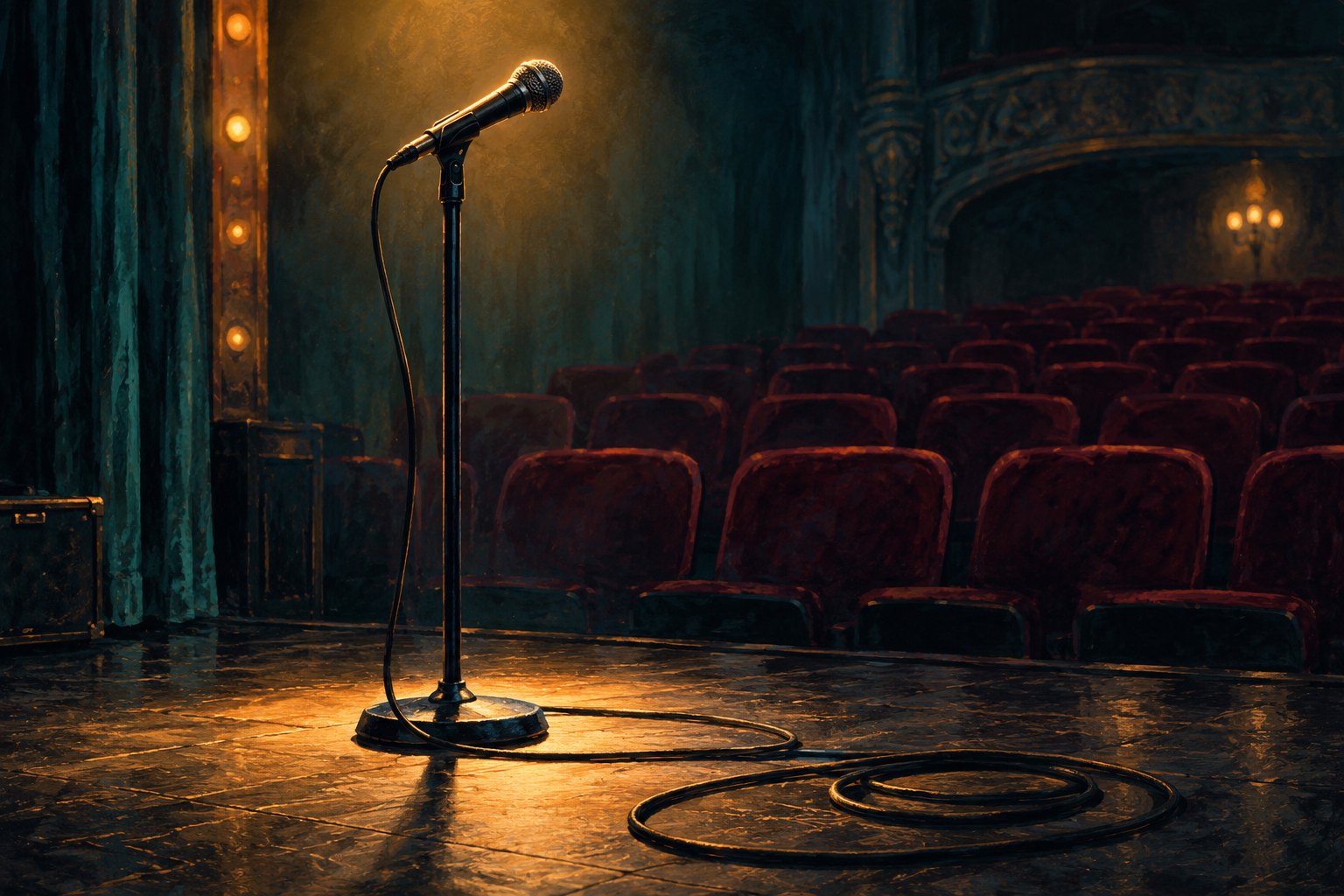 An illustrated microphone and coiled cable on an amber-lit stage facing empty burgundy theater seats.