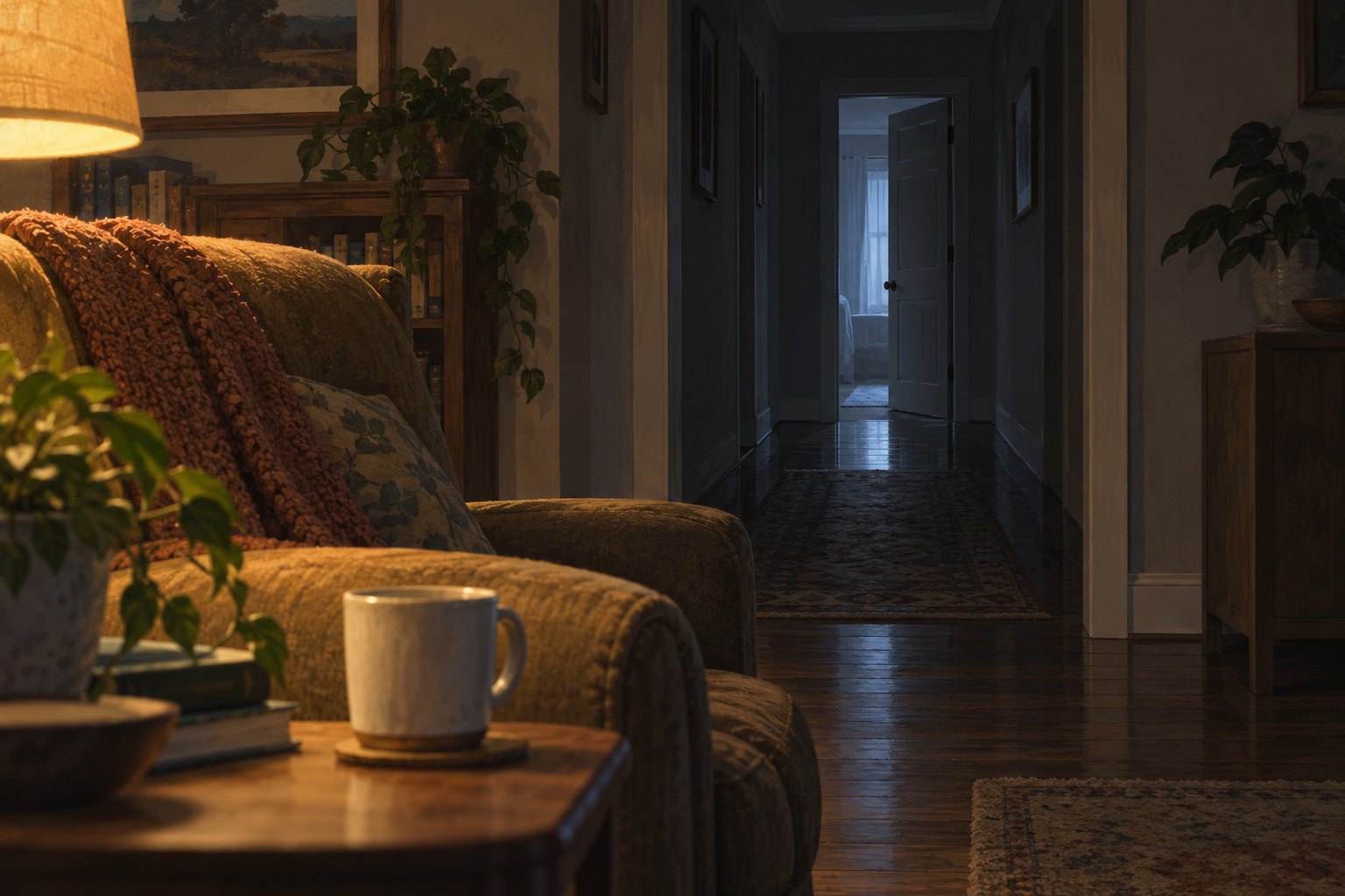 Conceptual illustration of a warmly lit armchair and ceramic mug facing a dark hallway with a half-open door.