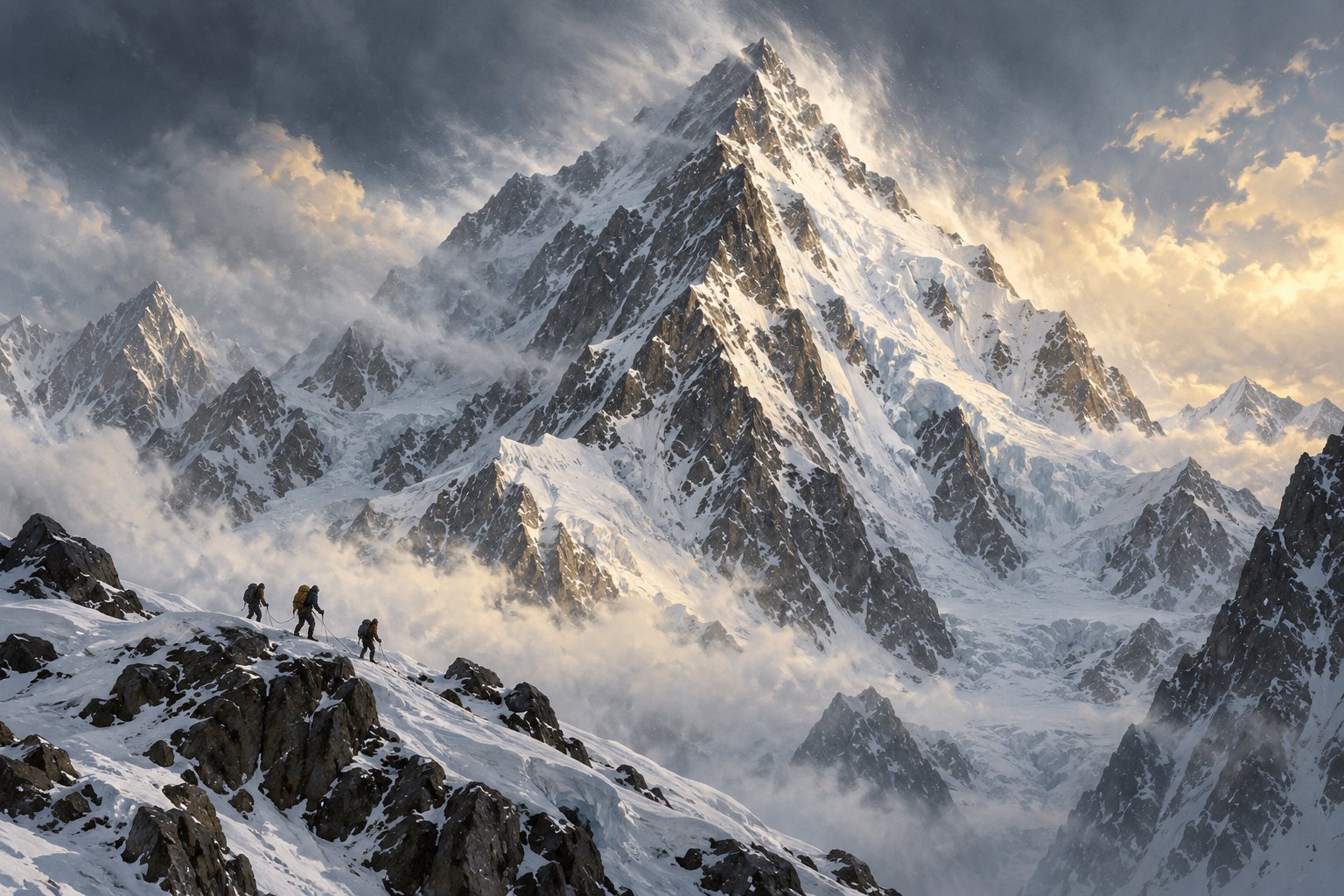 Editorial illustration of three mountaineers dwarfed by a towering, snow-covered mountain beneath storm clouds.