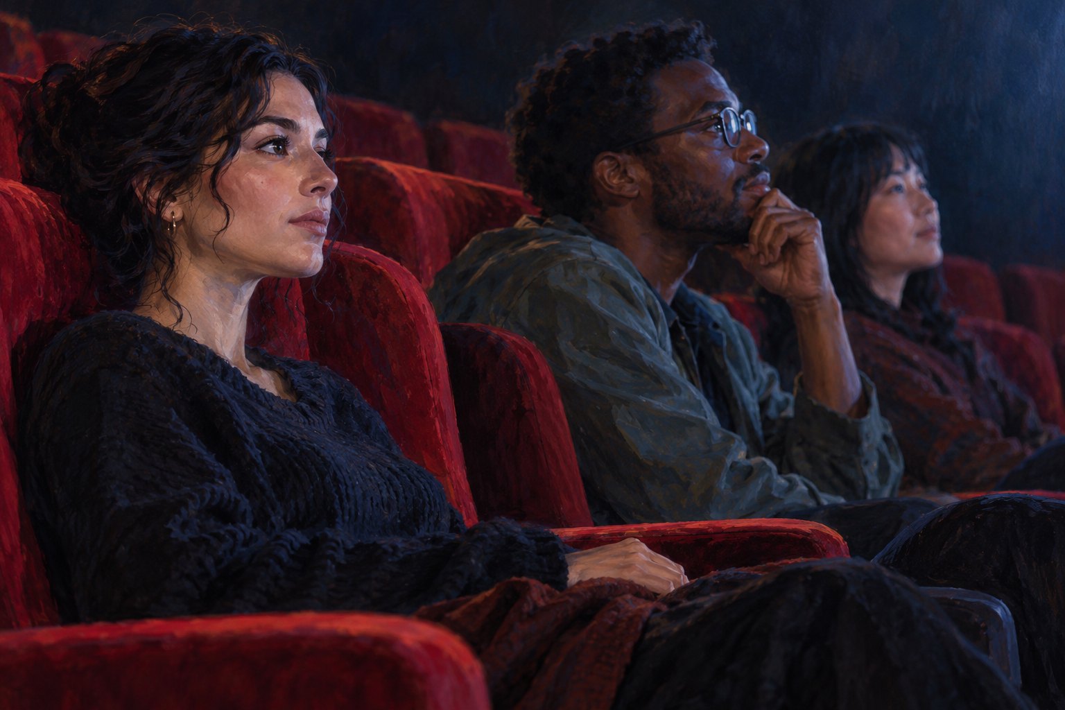Painterly illustration of three attentive moviegoers seated in red theater chairs, their faces illuminated by screen light.