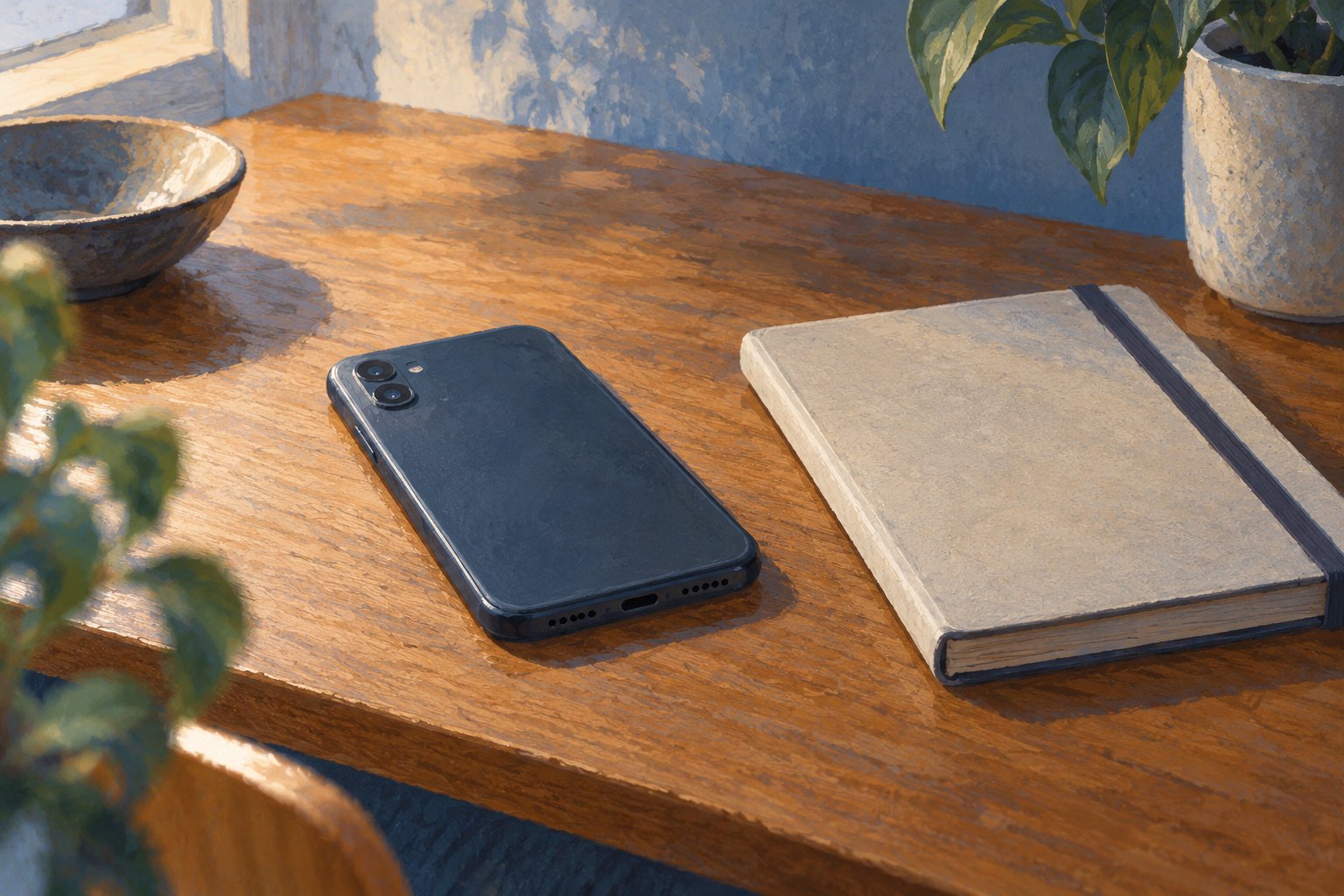 Conceptual illustration of a smartphone lying face down beside a closed notebook on a sunlit wooden desk.