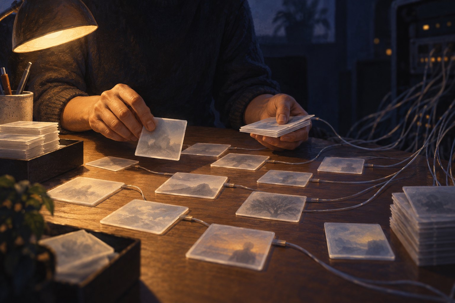 Conceptual illustration of hands sorting translucent picture tiles connected by wires to a machine under a warm desk lamp.