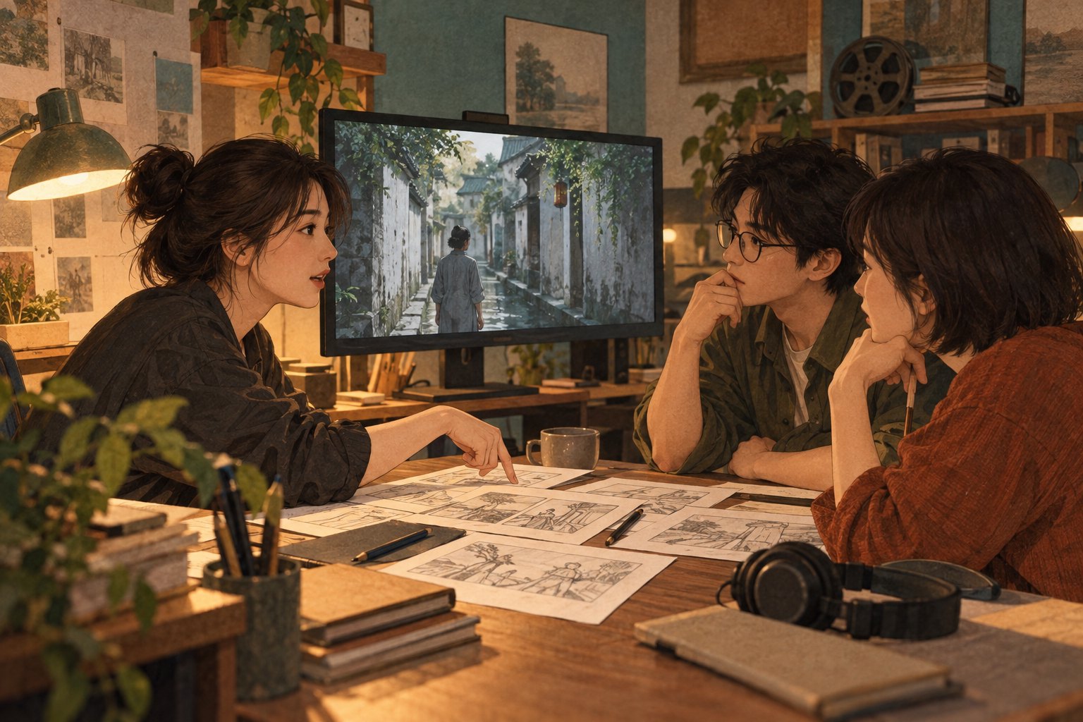 年轻导演与伙伴在工作室对照分镜草图讨论影片画面,主题插画