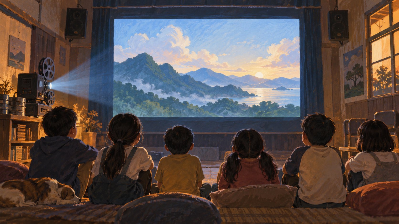 孩子們在柔和投影光中欣賞銀幕上的山景,呈現共同觀影氛圍的情境插畫,非活動實景