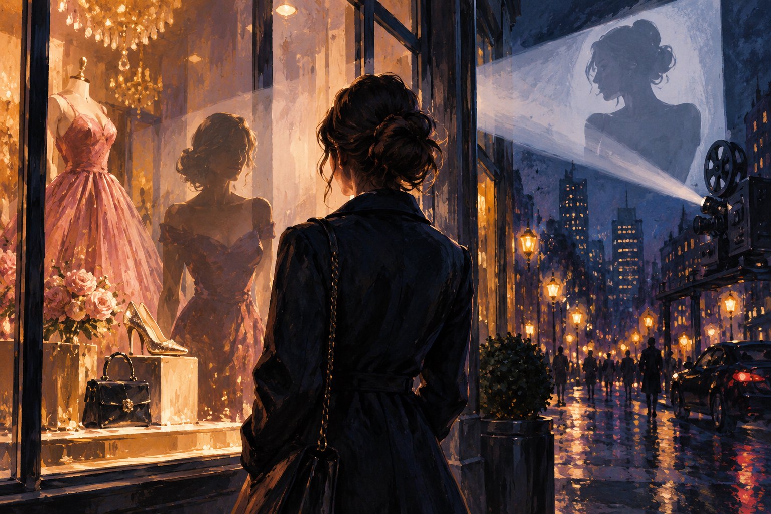 Conceptual illustration of a woman facing a glowing boutique window while a film projector casts her silhouette above a nighttime street.