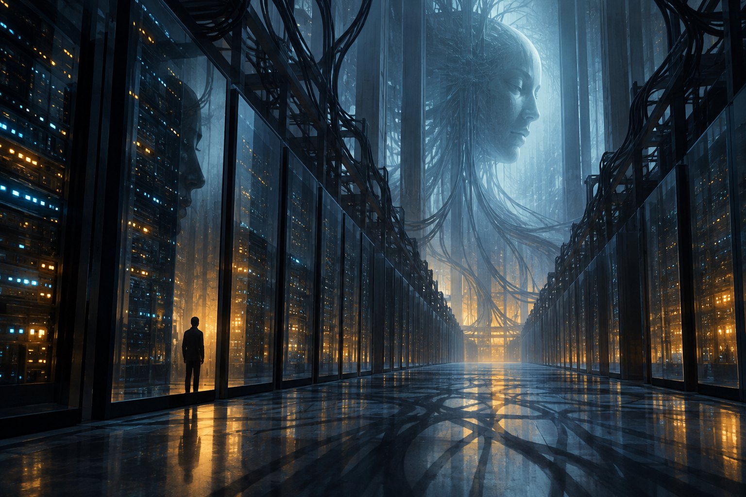 Conceptual illustration of a human silhouette reflected in a dark server corridor illuminated by blue and amber light.