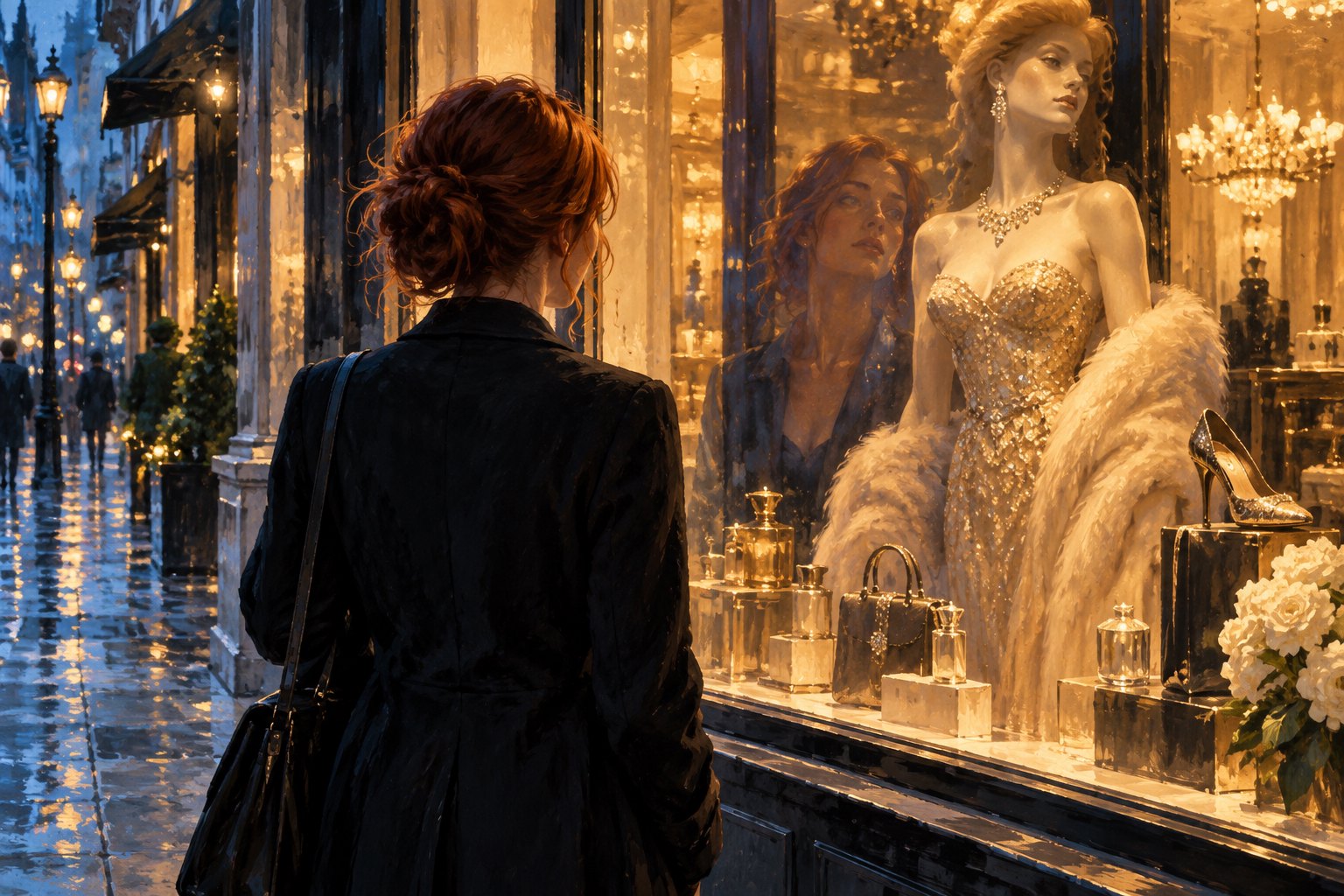 Painterly illustration of an auburn-haired woman looking into a glowing boutique window displaying an elegantly dressed mannequin.