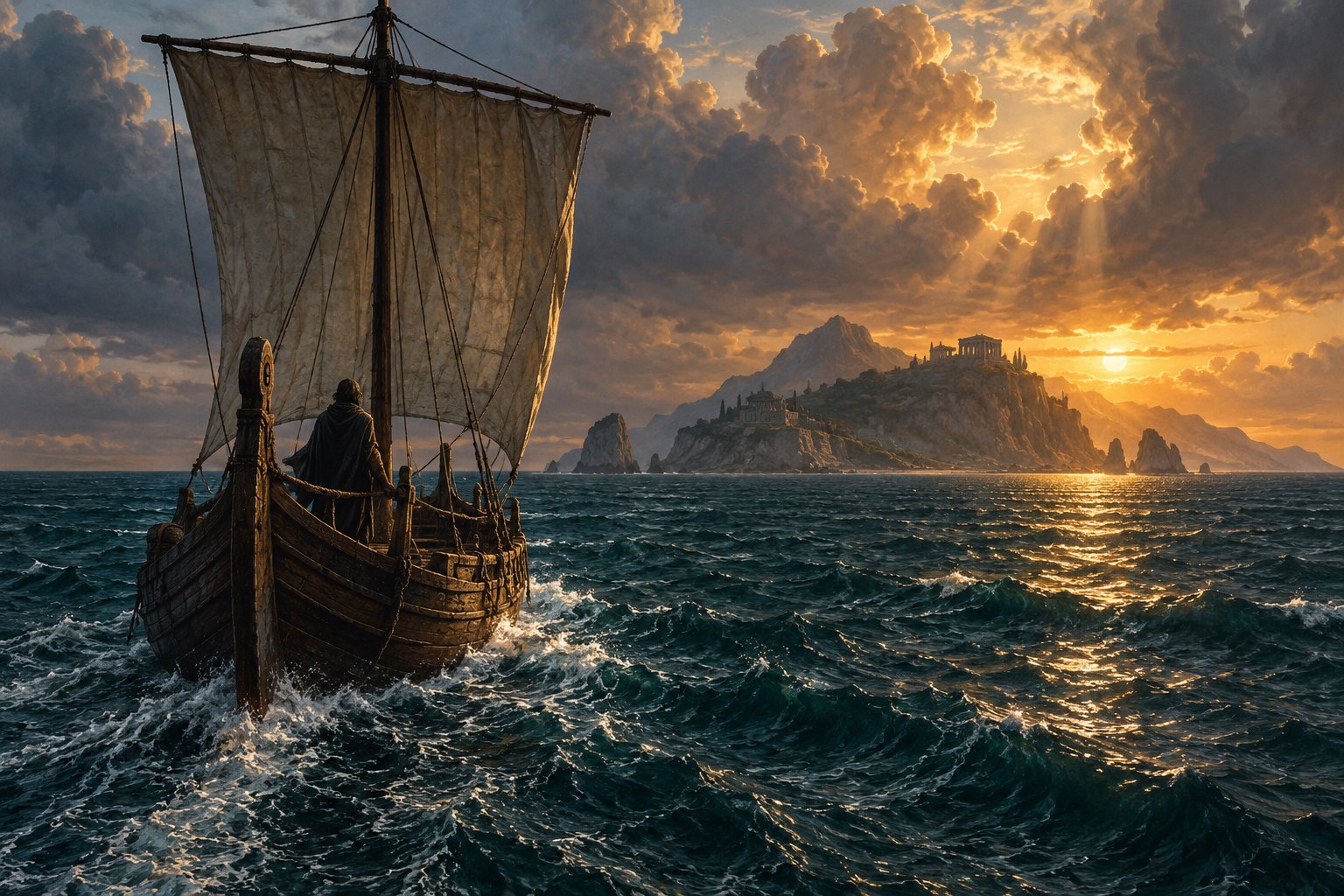 Conceptual illustration of an ancient wooden sailing vessel approaching a mountainous island beneath golden evening clouds.