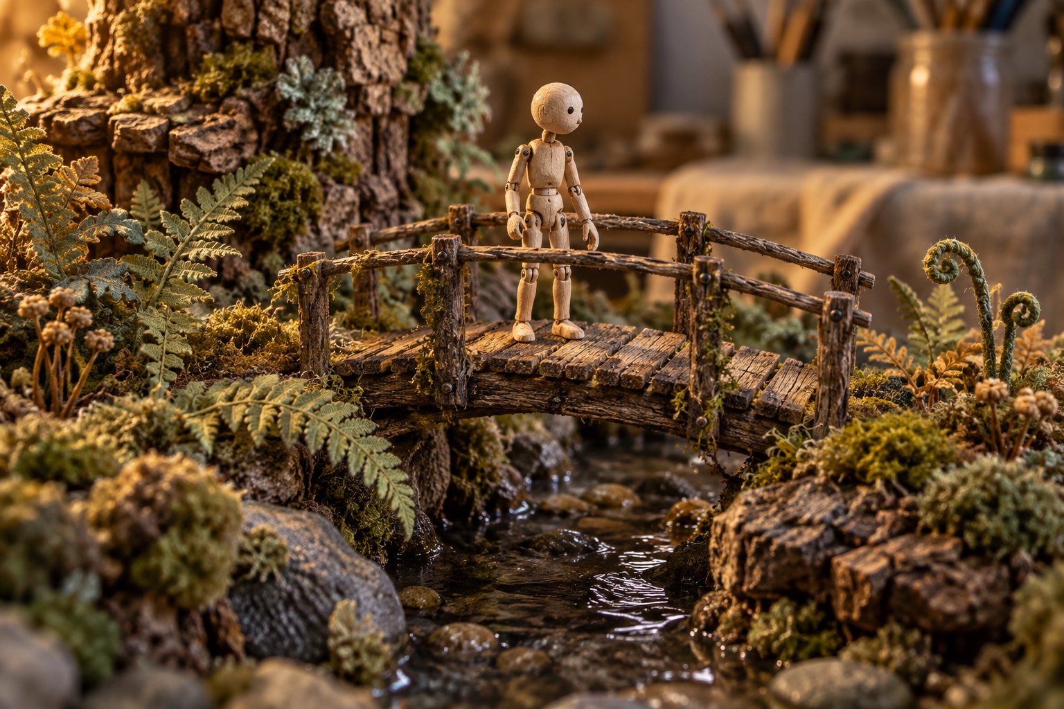 Concept illustration of an articulated wooden figure on a miniature footbridge surrounded by textured bark, ferns, and a stream.