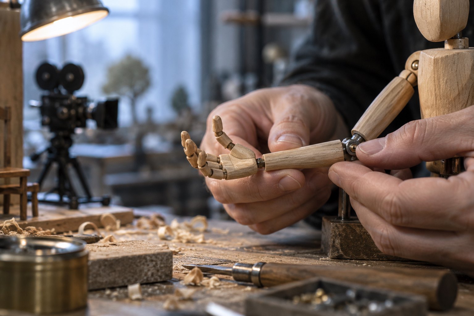 Conceptual illustration of an animator adjusting a wooden puppet’s articulated arm and hand at a workbench.