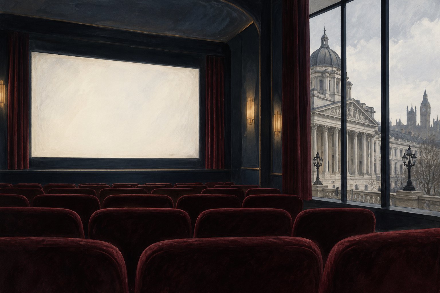 Conceptual illustration of an empty cinema with burgundy seats and a blank screen beside a window overlooking London architecture.