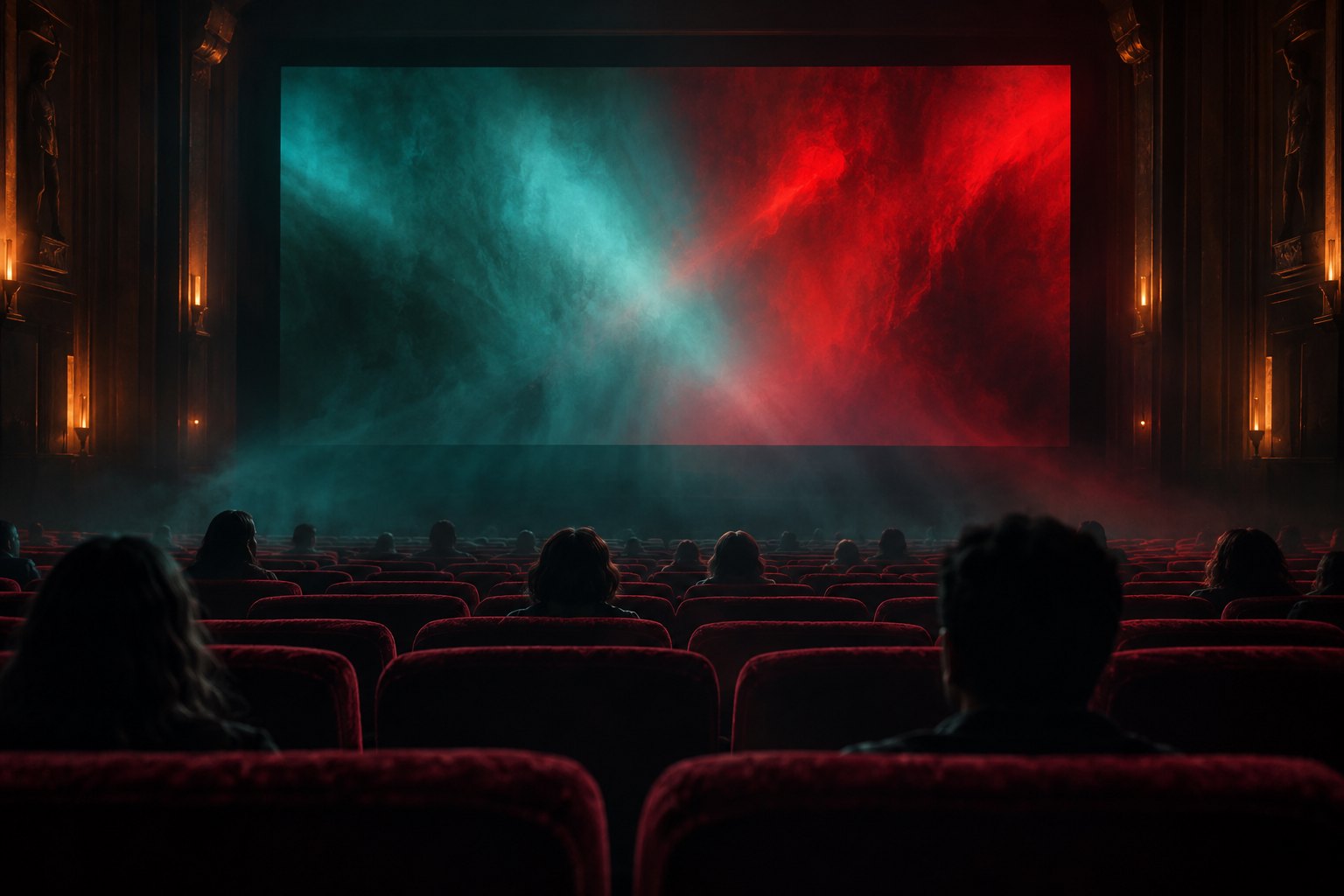Conceptual illustration of moviegoers in a dark theater facing a screen filled with red and teal light.