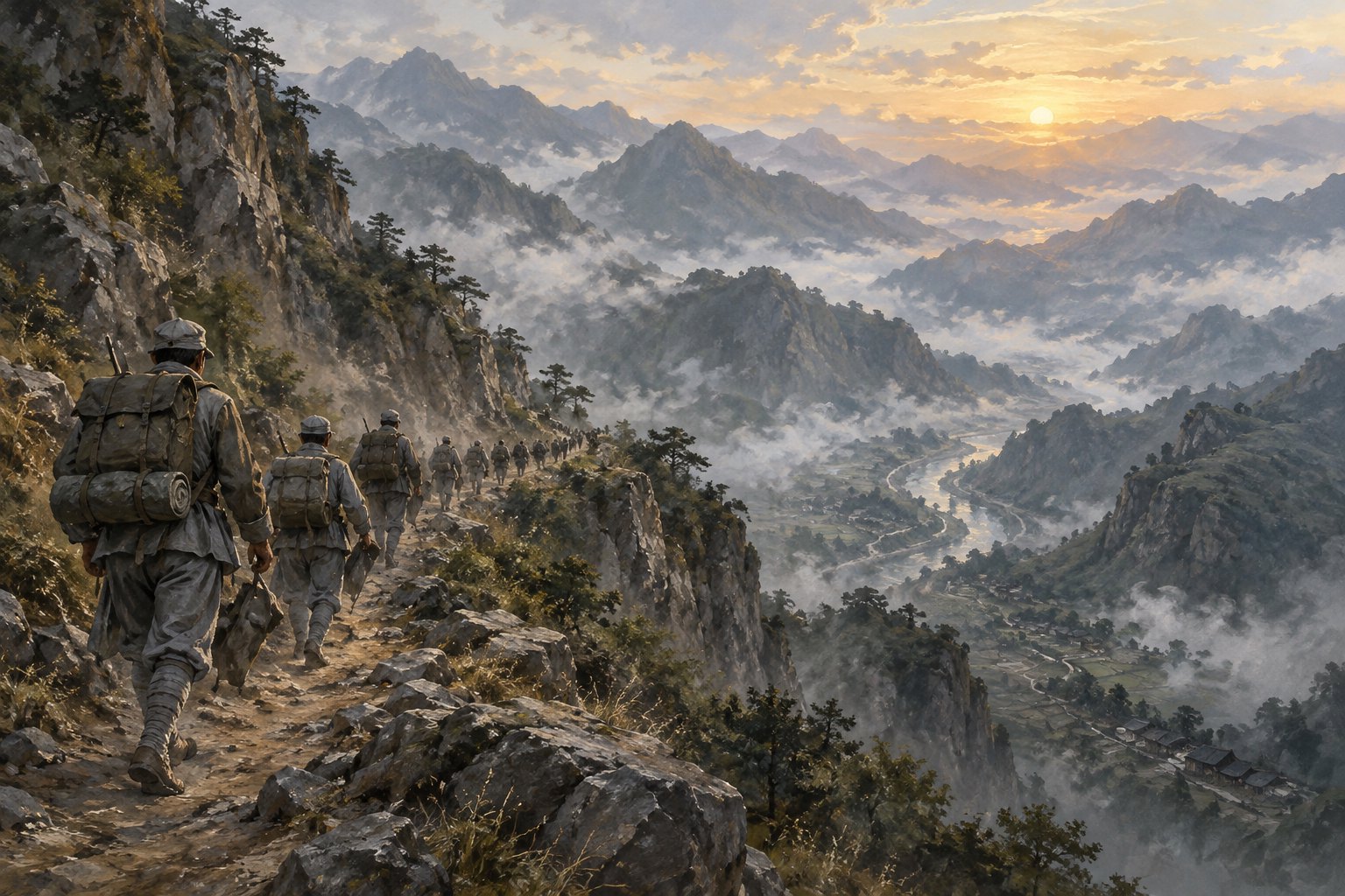 长征主题意境插画:晨光与云雾中的山间小路上,背着行囊的队伍向远方行进