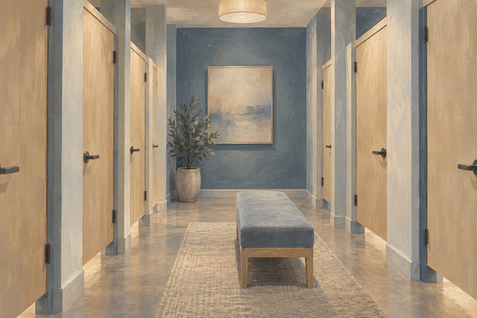 Conceptual illustration of an empty fitting-room corridor with closed wooden doors and an upholstered bench.