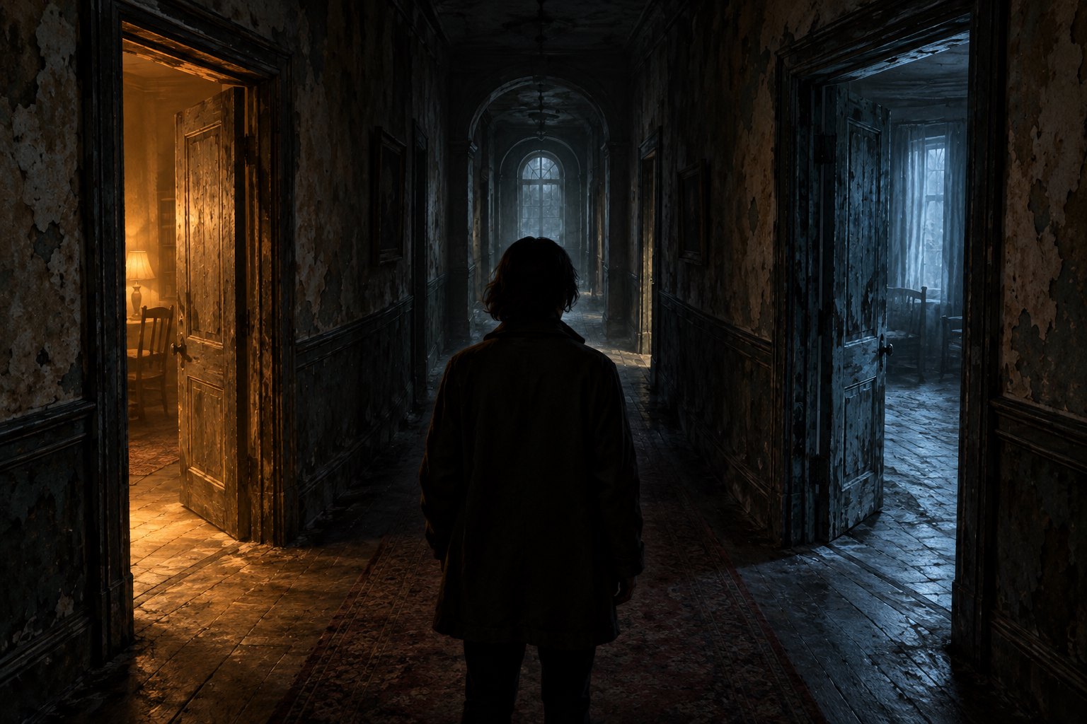 Conceptual illustration of a lone figure facing warm and cold illuminated doorways in a shadowy corridor.
