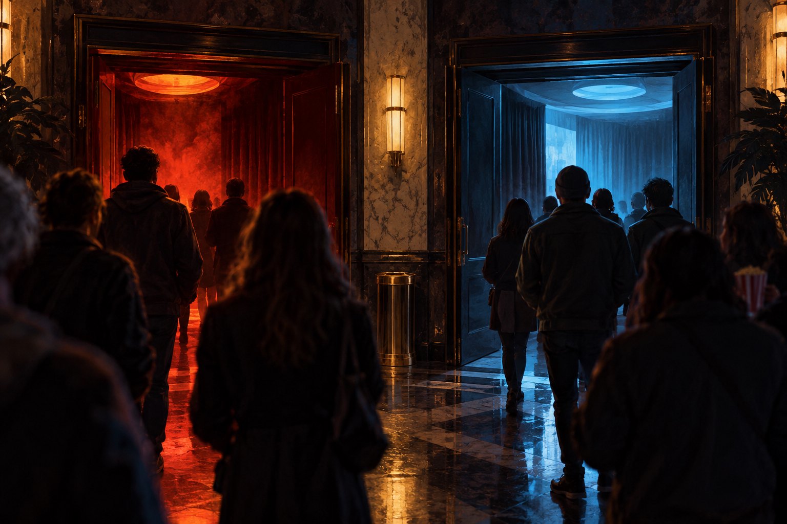 Moviegoers enter two theater doorways illuminated by contrasting red and blue light in an original editorial illustration.