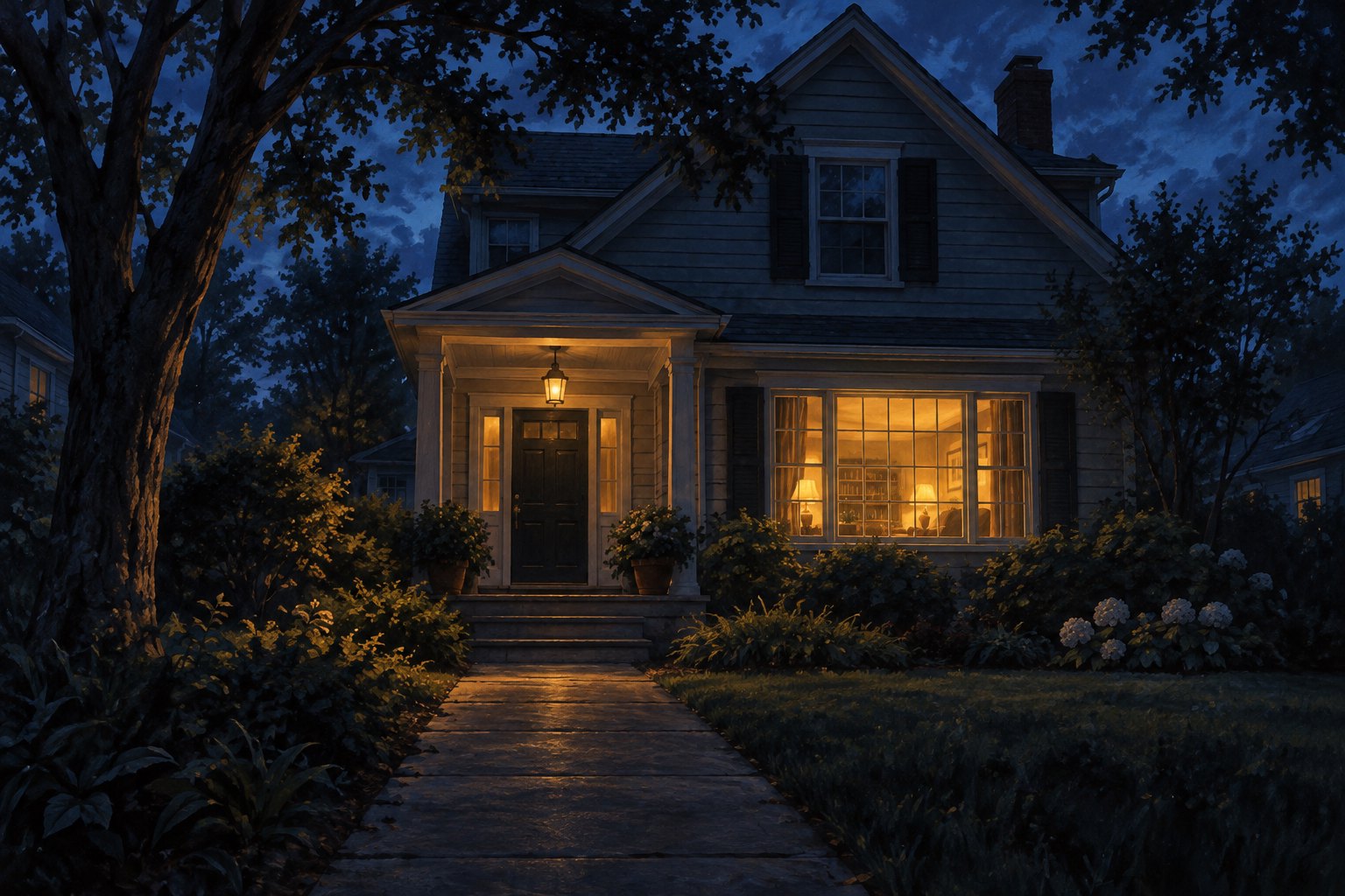 Conceptual illustration of a suburban house at twilight, with a warmly lit window beyond a shadowy front path.