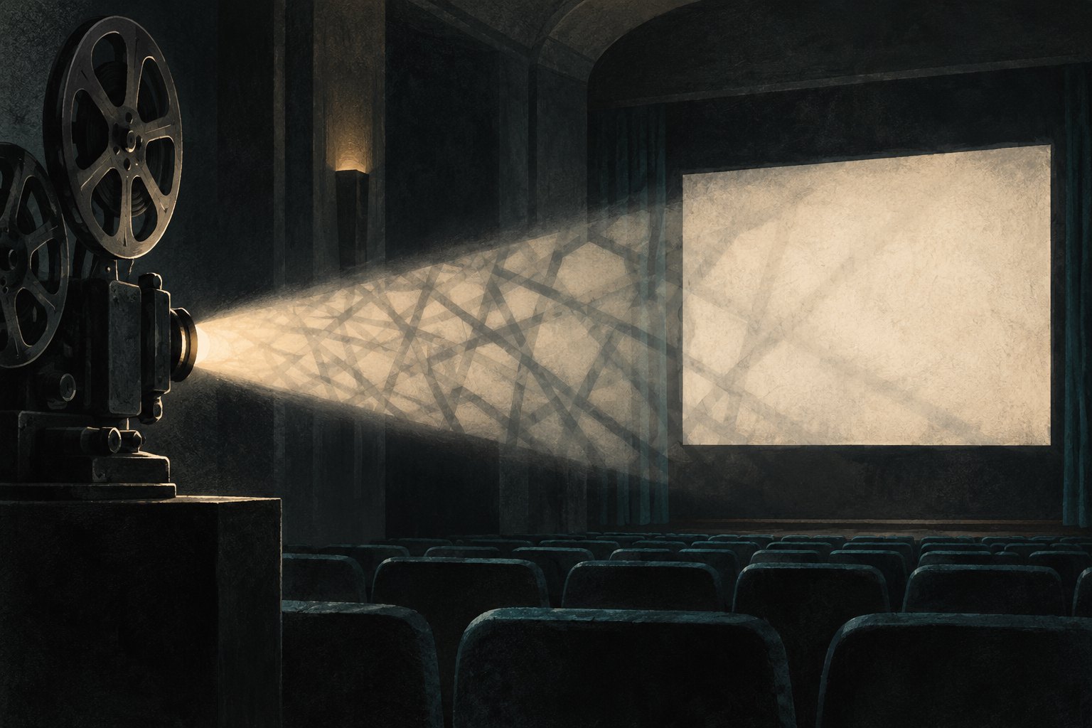 Conceptual illustration of a cinema projector casting light through a lattice of shadows toward an empty screen.