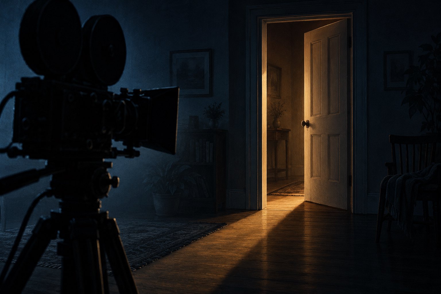 Conceptual illustration of a cinema camera facing an empty doorway lit by a narrow wedge of amber light.