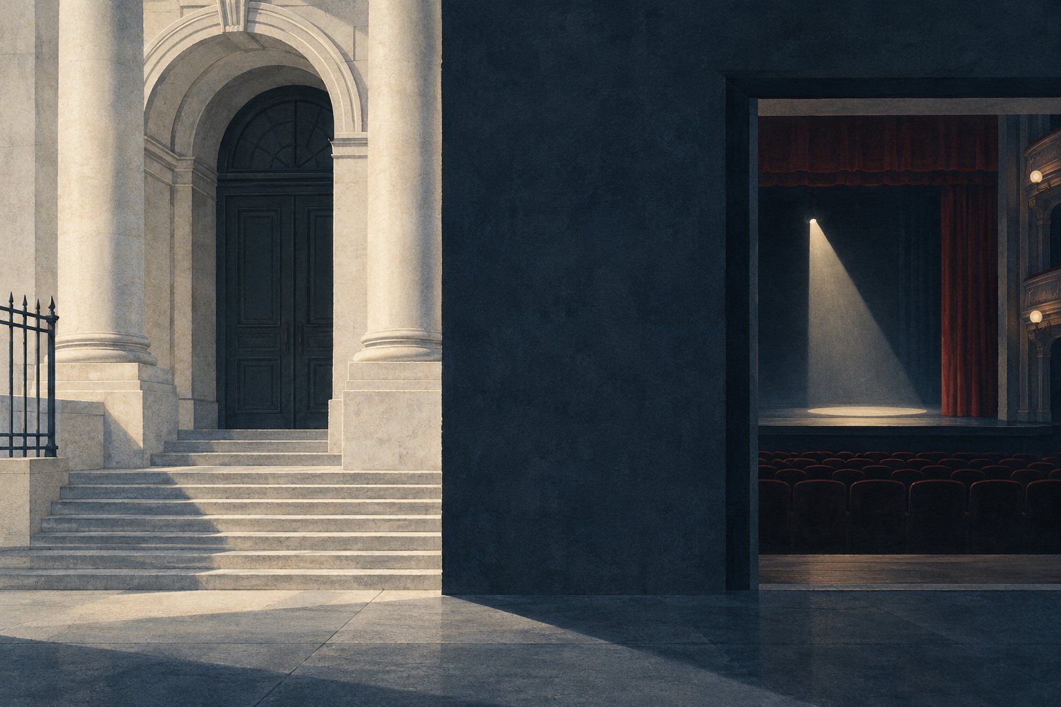 Conceptual illustration of a stone courthouse entrance separated by a dark wall from an empty, illuminated theater stage.