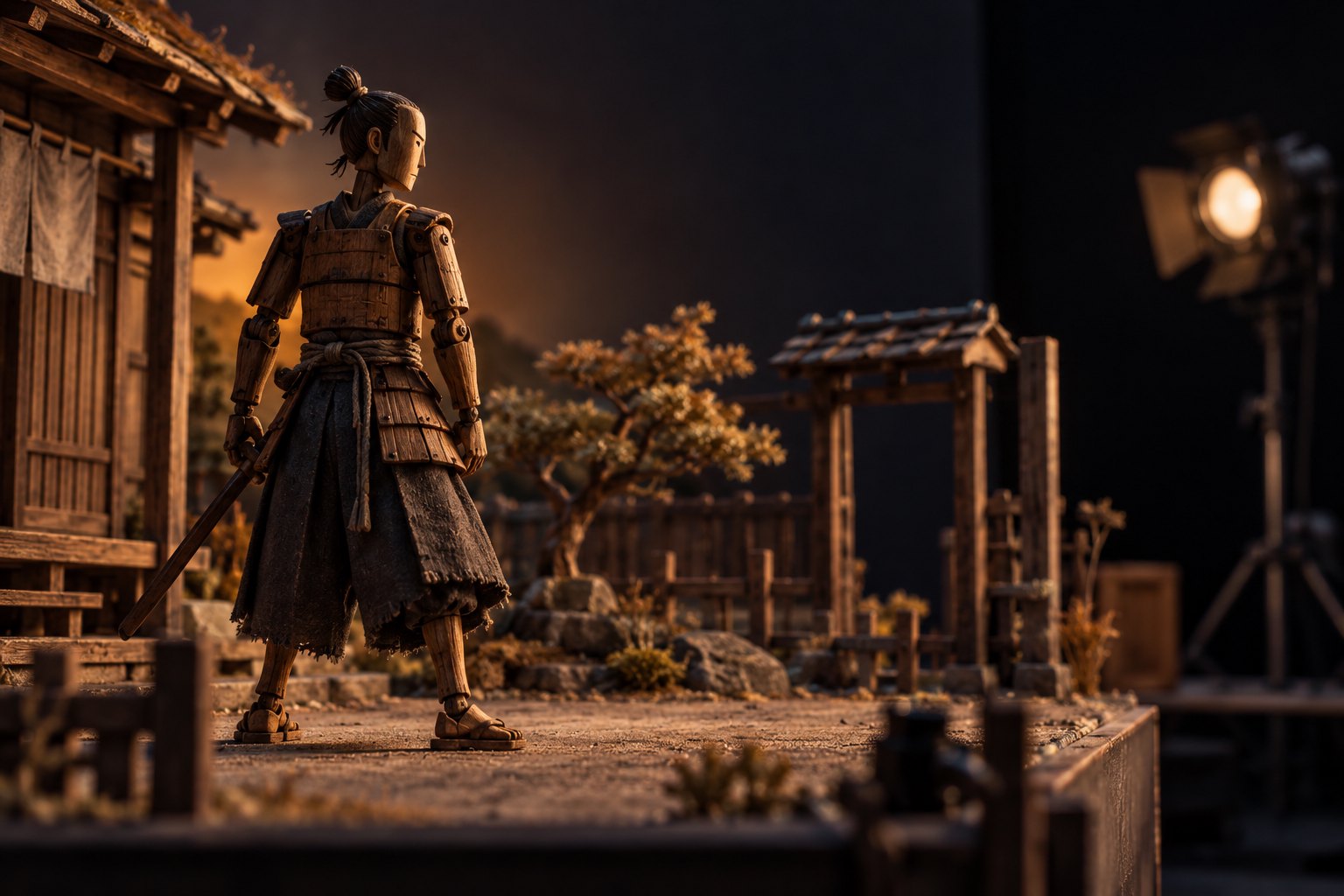 Conceptual illustration of a wooden samurai puppet on a miniature soundstage under warm studio lighting.